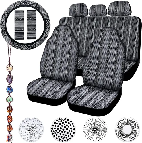 Vista 8 de Frienda - Juego completo de fundas para asientos de coche estilo Baja, manta de sillín multicolor con diseño bohemo a rayas, funda para volante