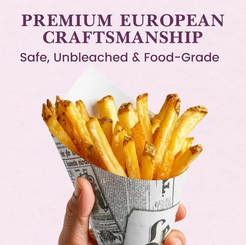 Vista 3 de Friteshop LeMende - Conos de papel de periódico francés – Vasos desechables para servir aperitivos – K13, 4.5 oz Mini Snacks – 100 unidades Le