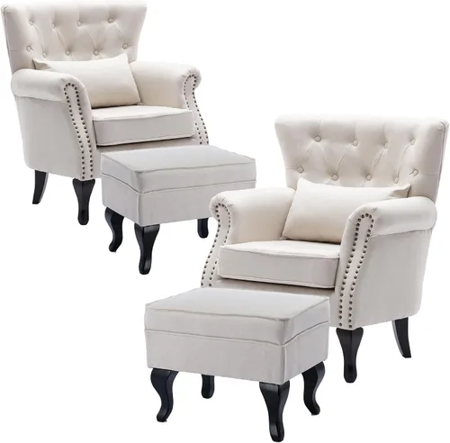 Vista 15 de Juego de 2 sillas decorativas modernas de mediados de siglo, sillón de tela de lino con respaldo acolchado/patas de madera, sillón de descanso