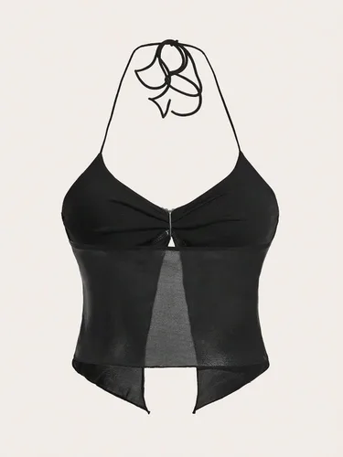 Vista 2 de Verdusa Top halter asimétrico fruncido con diamantes de imitación y espalda descubierta para mujer