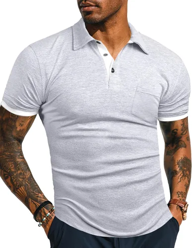Vista 7 de KUYIGO Camisas de manga larga y corta estilo polo para hombre, estilo informal, ajustadas, diseño sólido, suave, con botones, de algodón, con A1