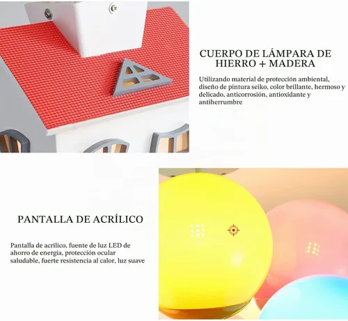 Vista 6 de Lámpara de techo con forma de casa para niños, araña de madera con forma de caricatura, con pantalla acrílica, lámpara de techo Sputnik