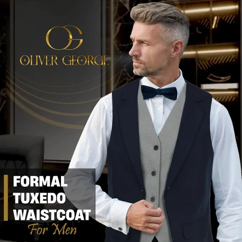Vista 38 de Oliver George Chaleco formal de esmoquin en capas para hombre, chaleco de traje de negocios