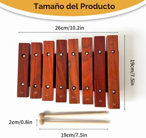 Vista 2 de Xilófono de madera de 8 notas con 2 mazos de madera, Glockenspiel de madera, regalo de cumpleaños, herramientas musicales, perfecto