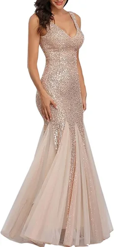 Vista 2 de Vestido de fiesta para mujer, con lentejuelas, tul sexy, cuello en V, sin mangas, formal, vestidos de graduación