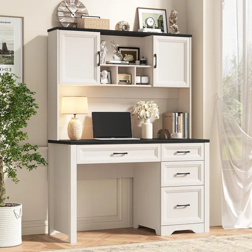 Vista 12 de Halitaa Escritorio ejecutivo de granja con cajones, escritorio de madera para computadora con amplio cajón de archivos, escritorio rústico
