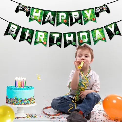 Vista 7 de WERNNSAI Cartel de cumpleaños del juego – Suministros de fiesta de videojuegos, guirnalda de banderines de feliz cumpleaños para niños, niños