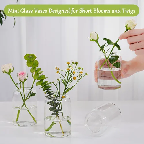 Vista 4 de Jarrones pequeños de cristal, juego de 20 jarrones transparentes para centros de mesa, mini jarrón a granel para flores para bodas, fiestas