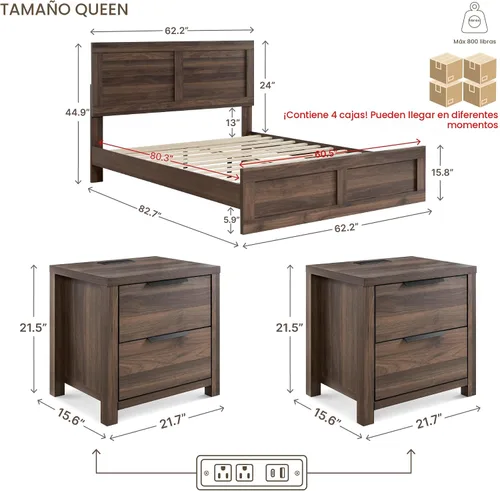 Vista 3 de KISLOT Juego de dormitorio de 3 piezas, marco de cama y 2 mesitas de noche Nogal