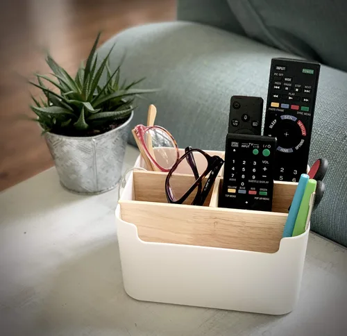 Vista 2 de Organizador multiusos y caja de almacenamiento, soporte para control remoto, soporte para maquillaje, organizador lateral de escritorio moderno