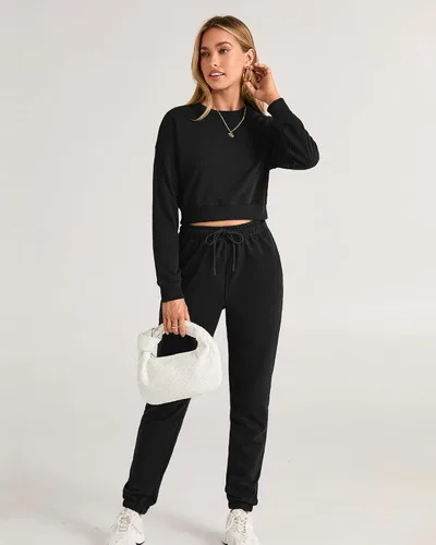 Vista 65 de BTFBM Conjunto deportivo de 2 piezas para mujer, camiseta corta de manga larga, sin botones, pantalón con cordón ajustable, pantalones deportivos