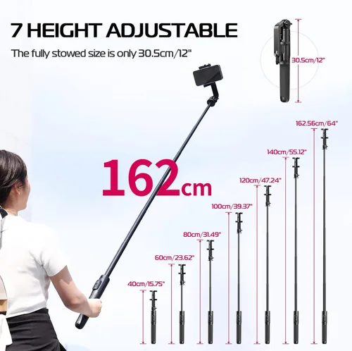 Vista 6 de ULANZI SK-03 Trípode selfie stick, trípode de 64" profesional y estable para teléfono inteligente/cámara de acción, soporte de teléfono extensible