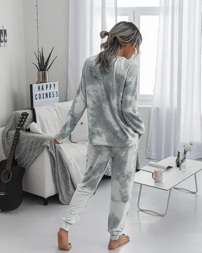 Vista 5 de Prettygarden - Conjunto de pijama para mujer, teñido anudado, de dos piezas, pijama con camiseta de manga larga y pantalón largo, con bolsillos