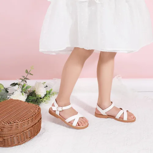 Vista 3 de PANDANINJIA Elva - Sandalias para niñas con puntera abierta, bonitas, planas, sandalias de vestir con tiras cruzadas, zapatos de verano para niños