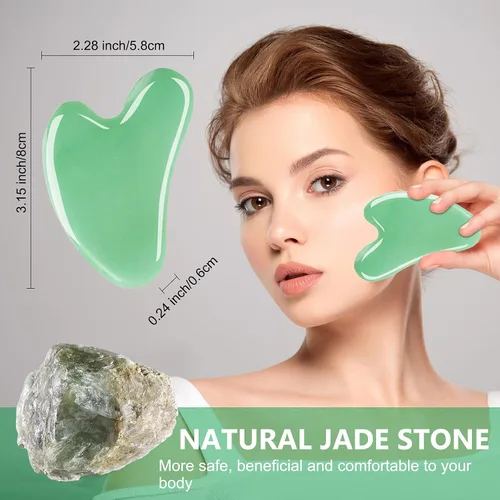 Vista 5 de esur Jade Gua Sha Juego de herramientas faciales, paquete de 2 herramientas Guasha para masajeador facial, raspador facial de piedra de jade natural