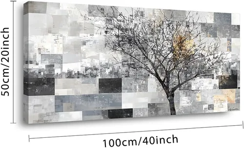 Vista 2 de LASMOND Arte de pared abstracto moderno de árbol para sala de estar, pintura en lienzo en blanco y negro, arte de pared grande de paisaje natural