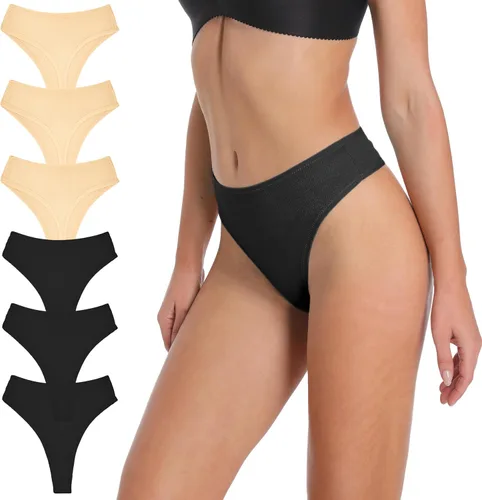Vista 16 de Tanga de algodón acanalado transpirable sin costuras de cintura alta para mujer, ropa interior de talla grande 2 negro/2 verde/2 vino tinto