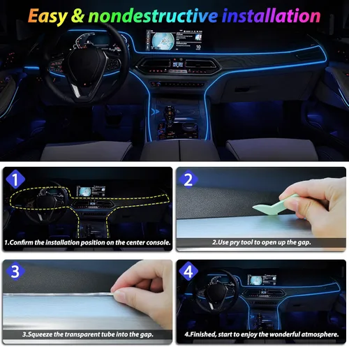 Vista 5 de Tira de luces LED para coche, luces interiores del coche, kit de iluminación LED ambiental con RGB de 16 millones de colores de fibra óptica y ritmo