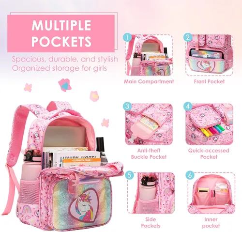 Vista 5 de Mochila para niñas de 5 a 8 años para jardín de infantes y escuela primaria Rosa
