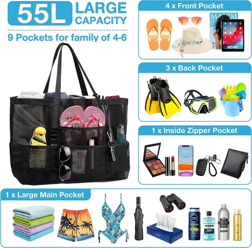 Vista 2 de Bolsa de playa de malla para mujer, plegable, para natación, vacaciones y bolsa de juguetes