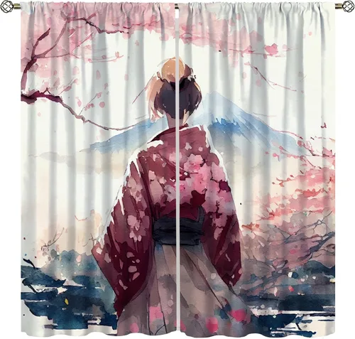 Vista 15 de Cortinas de geisha japonesas, flores rosas, ramas de árbol, sexy, glamour, para mujer, encantador, estética, oriental, con bolsillo para barra