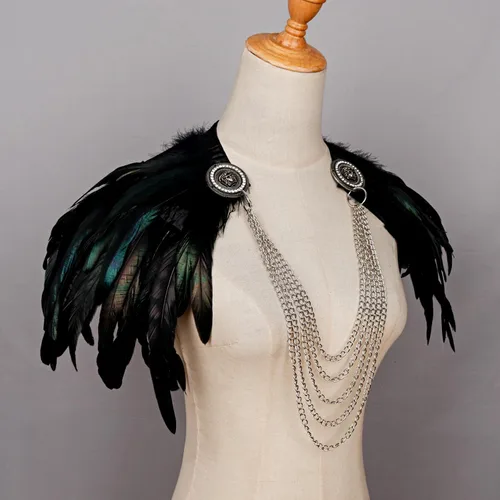 Vista 5 de Joukavor Disfraz de chal de plumas negras para mujer, cuello de plumas de Maléfica, parte superior de plumas