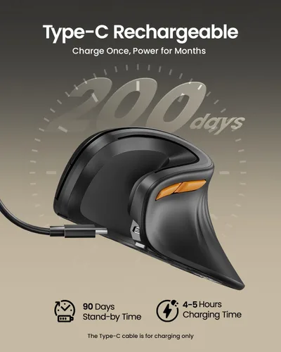 Vista 5 de ProtoArc EM11 NL Ratón vertical ergonómico inalámbrico, recargable, negro