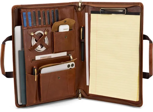 Vista 10 de Portafolio de cuero vegano para tamaño legal (8.5 x 14 pulgadas), portafolio portapapeles con asa, soporte para laptop de 15 pulgadas, organizador