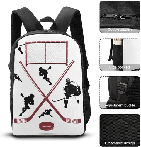 Vista 3 de Mochila para niños con estampado escolar y bolsa de viaje para estudiantes de primaria, adolescentes, niñas y niños, Jugador de hockey, Mochila