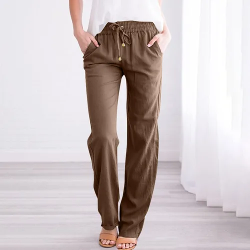 Vista 3 de HRSTUYL Pantalones de algodón para mujer, de algodón, con cordón elástico, cintura elástica, pantalones rectos largos y rectos para mujer