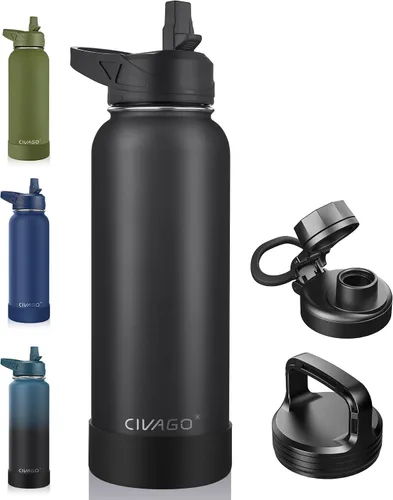 Vista 8 de CIVAGO Botella de agua aislada de 22 onzas con pajita, frasco de agua deportiva de acero inoxidable con 3 tapas