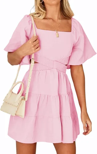 Vista 2 de Senllen Vestido de verano 2023 para mujer, cuello cuadrado, manga corta, recortado, cintura cruzada, casual, fiesta, escalonado, mini vestido