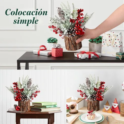 Vista 7 de Hatisan Árbol de Navidad pequeño con adornos de Navidad, piña baya, árbol de Navidad artificial de mesa para decoración de Navidad, hogar