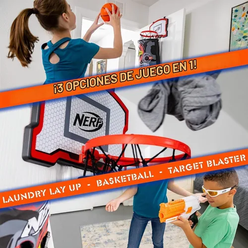 Vista 8 de NERF Cesta de aro de baloncesto – Cesta para ropa sucia sobre la puerta + objetivo de disparo – Mini canasta de aro + juego de baloncesto