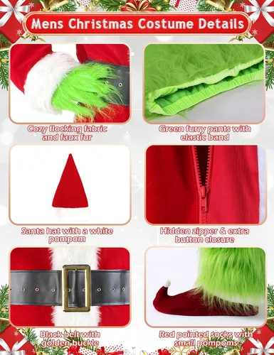 Vista 4 de Disfraz de Navidad para hombres, traje de Papá Noel, para adultos, 8 piezas, de lujo, peludo, verde, monstruo grande para Halloween, vacaciones