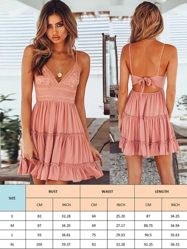 Vista 6 de ECOWISH Vestido corto sin mangas para mujer diseño al vuelo estilo patinadora escote en V tirantes delgados encaje y lazo de atar espalda descubierta