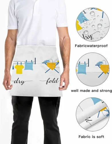 Vista 5 de Modern Minimalist Server Aprons with 3 Pockets, Cartoon Laundry Room Washing Machine Waitress Waist Apron for Women Men Waterproof Half Aprons