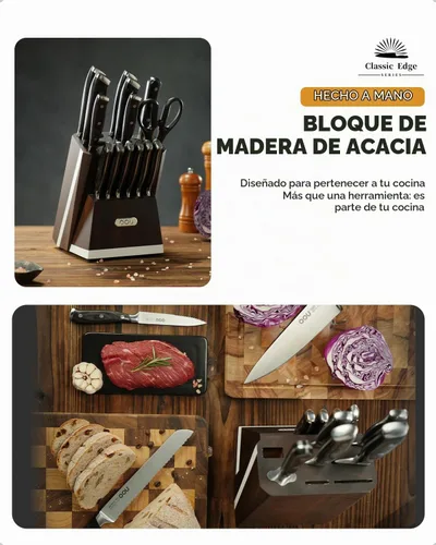 Vista 9 de OOU Juego de cuchillos de cocina 2025 con bloque, juego de cuchillos de acero inoxidable alemán de 15 piezas con varilla de afilar, mango de madera
