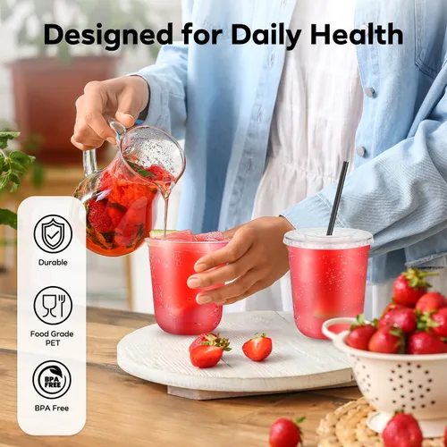 Vista 5 de Paquete de 100 vasos de plástico transparente con tapas planas y pajitas, tazas desechables de 12 onzas para café helado, vasos de plástico