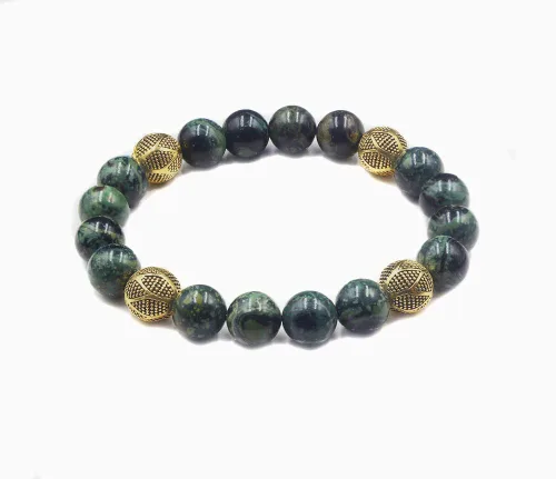 Vista 3 de Dark Green Jade and Gold Beads Bracelet, Jade Bracelet, Men's Jade Bracelet