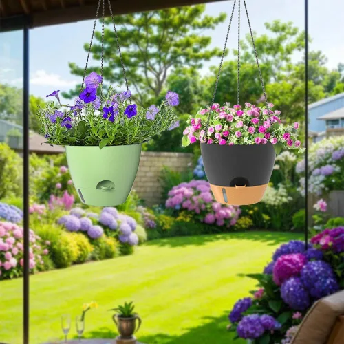 Vista 8 de Paquete de 2 macetas colgantes, macetas colgantes de riego automático de 10 pulgadas para plantas de interior y exterior, cesta colgante para negro