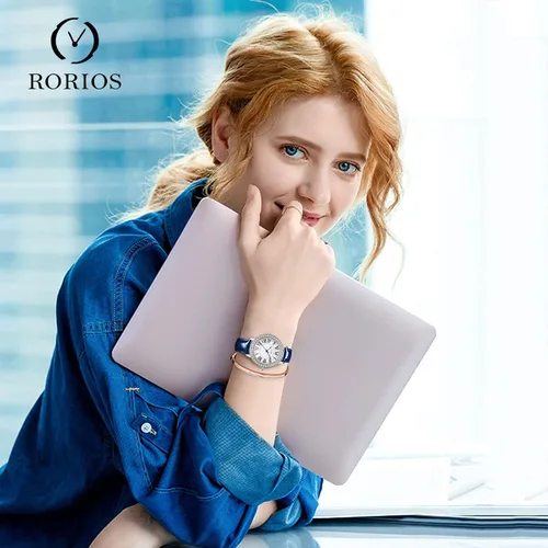 Vista 2 de RORIOS Reloj analógico de cuarzo para mujer con correa de cuero, esfera de cielo estrellado, reloj de pulsera impermeable con diamantes para mujer