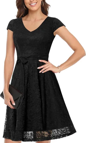Vista 4 de MUADRESS - Vestido de encaje y floral con manga casquillo para mujer, elegante, con cuello redondo y longitud hasta la rodilla, vestidos de dama