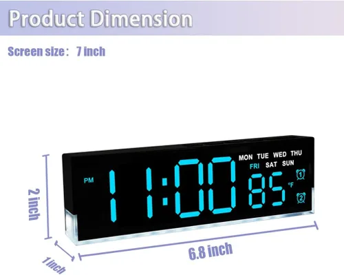 Vista 5 de JENLYSTIME Reloj despertador digital LED de 7 pulgadas con alarmas duales y luz inferior ｜ Muestra hora, fecha, día, temperatura ｜ Brillo