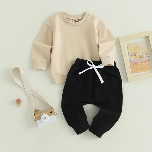 Vista 4 de 2 piezas de sudadera para bebé niño, ropa de bloque de color, manga larga, sudadera con pantalones deportivos para otoño
