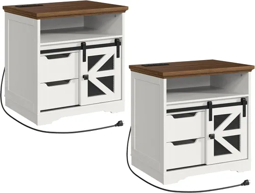 Vista 10 de Mesa auxiliar de granja con estación de carga, mesa auxiliar de sofá con 2 cajones y puerta de granero, mesita de noche de madera rústica para Gris