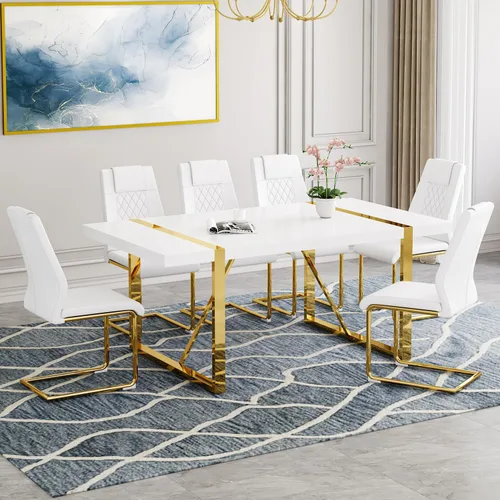 Vista 24 de Juego de mesa de comedor moderna de 55 pulgadas para 4, mesa de comedor negra y marco de metal dorado, mesa de comedor rectangular con 4 sillas