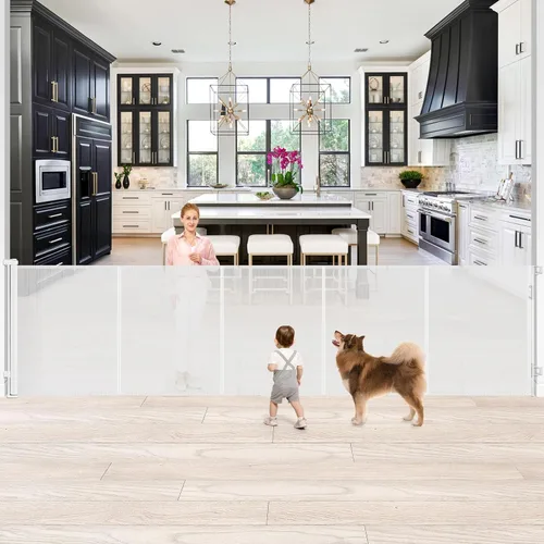 Vista 22 de Puerta Reforzada para Mascotas Extra Alta de 42" y Puerta Retráctil para Bebés de 55" de Ancho con Varillas de Soporte - Puerta Retráctil para Negro