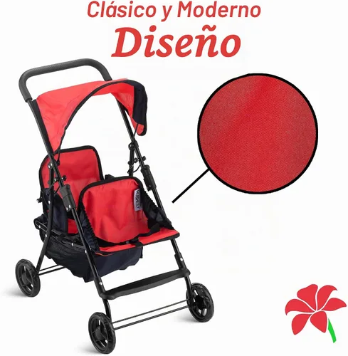 Vista 4 de Hushlily® Tandem - Cochecito de muñeca doble con toldo ajustable y cesta, plegable, con ruedas suaves (rojo y azul)