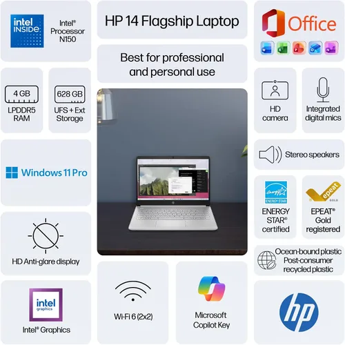Vista 3 de HP Computadora portátil de 14 pulgadas para productividad empresarial estudiantil 2026, MS Office y Win 11 Pro, Copilot AI, CPU Intel de 4 núcleos